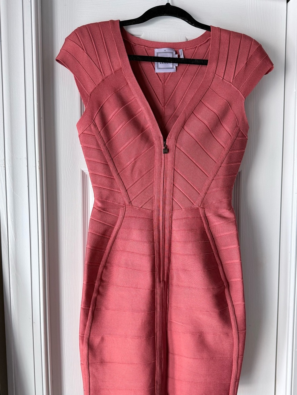 Herve Leger V- Neck Coral Zip-Front Bandage Mini Dress